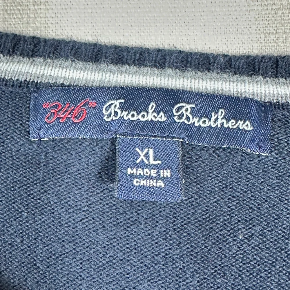 Brooks Brothers Sweater Mens XL Navy Blue V-Neck Cotton Tipped Trim Pullover